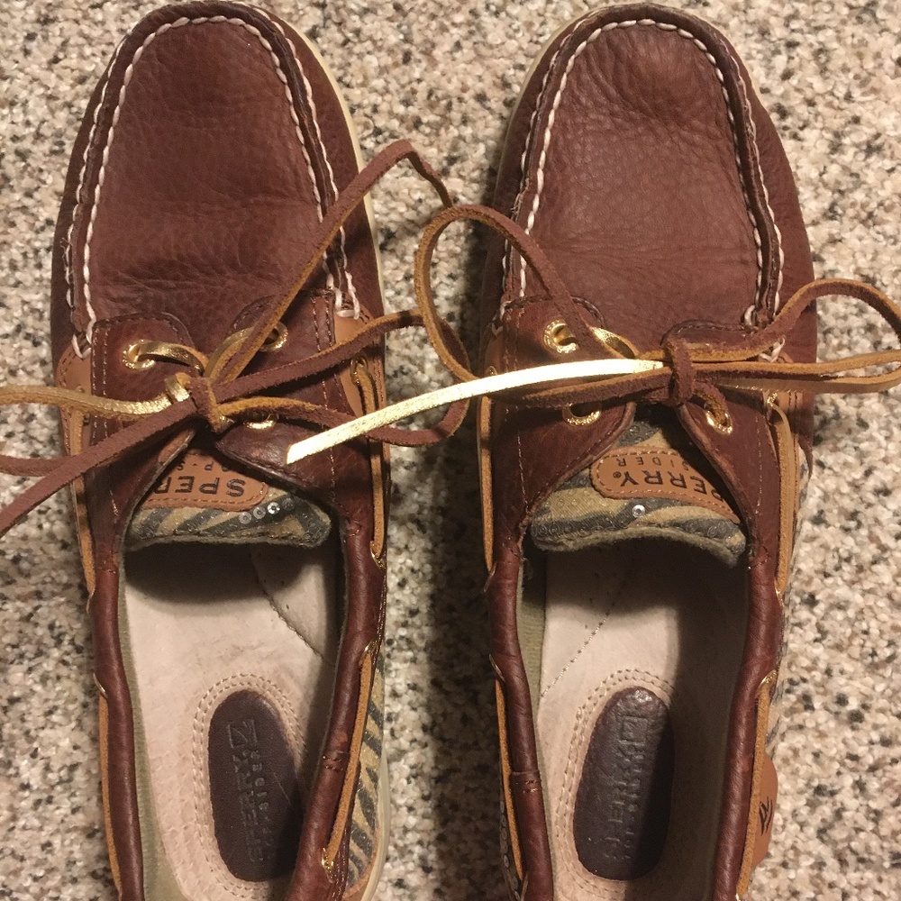 Sperry Boat Shoes Brown Leather with Animal Print